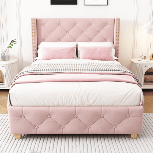 Cama estofada 90*200 - cabeceira acolchoada com botões e tachas, pés de madeira - Rosa