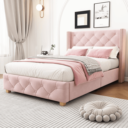 Cama estofada 90*200 - cabeceira acolchoada com botões e tachas, pés de madeira - Rosa