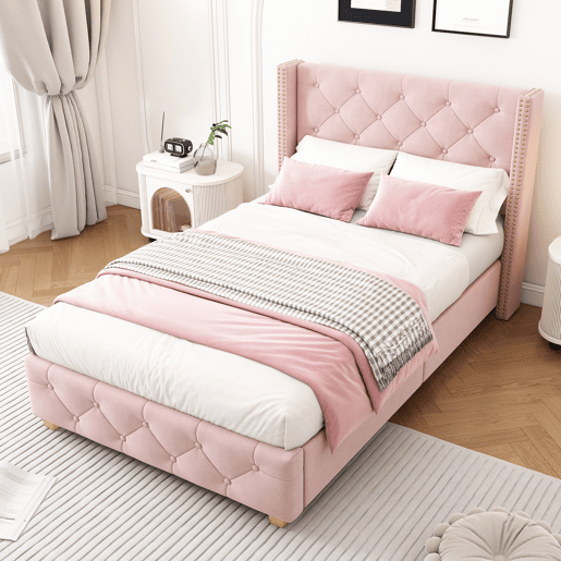 Cama estofada 90*200 - cabeceira acolchoada com botões e tachas, pés de madeira - Rosa