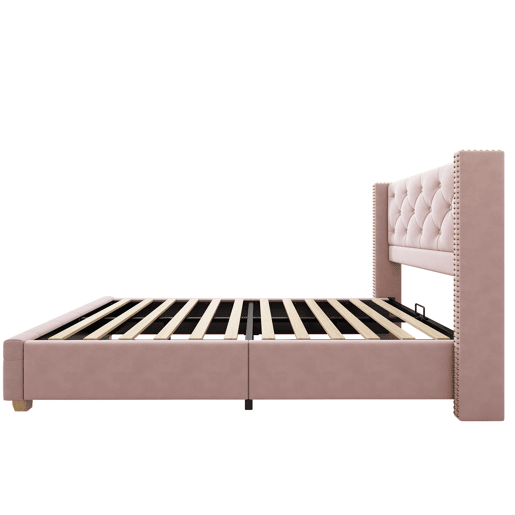 Cama estofada 90*200 - cabeceira acolchoada com botões e tachas, pés de madeira - Rosa