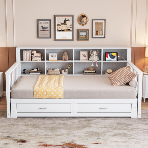 Sofá-cama extensível 90180x190 cm - com arrumação e tomada no braço, 2 gavetas e estrado - Branco