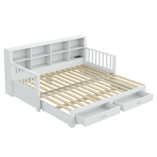 Sofá-cama extensível 90180x190 cm - com arrumação e tomada no braço, 2 gavetas e estrado - Branco