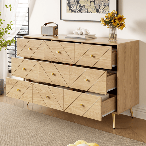 Cômoda dupla de painel de partículas com 9 gavetas,natural