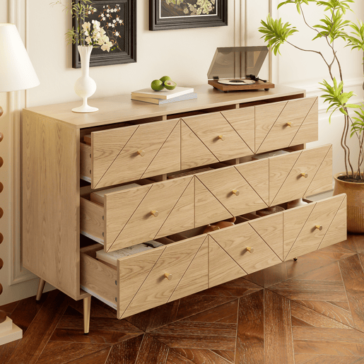 Cômoda dupla de painel de partículas com 9 gavetas,natural