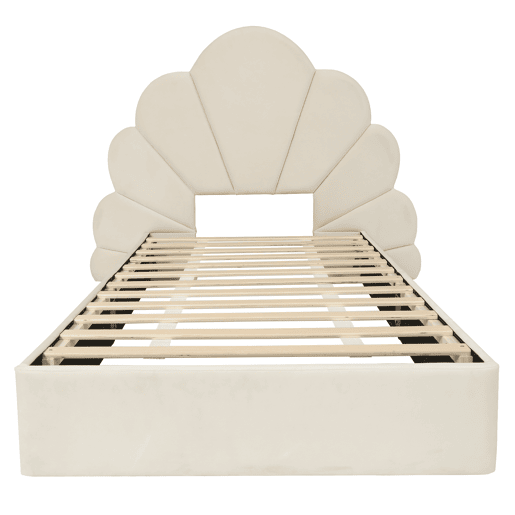 Cama individual 90x200 - cabeceira com pétalas curvas, estilo moderno, confortável, veludo - bege