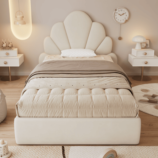 Cama individual 90x200 - cabeceira com pétalas curvas, estilo moderno, confortável, veludo - bege