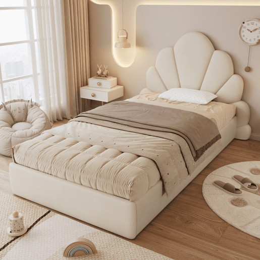 Cama individual 90x200 - cabeceira com pétalas curvas, estilo moderno, confortável, veludo - bege