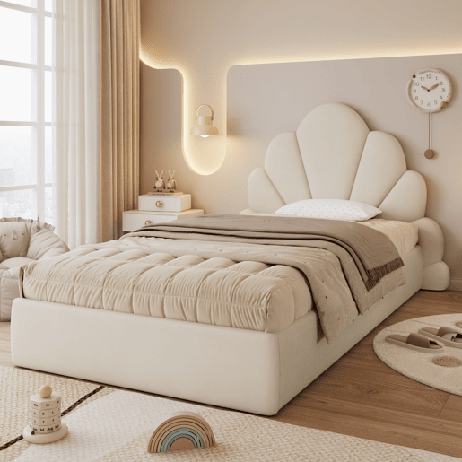 Cama individual 90x200 - cabeceira com pétalas curvas, estilo moderno, confortável, veludo - bege
