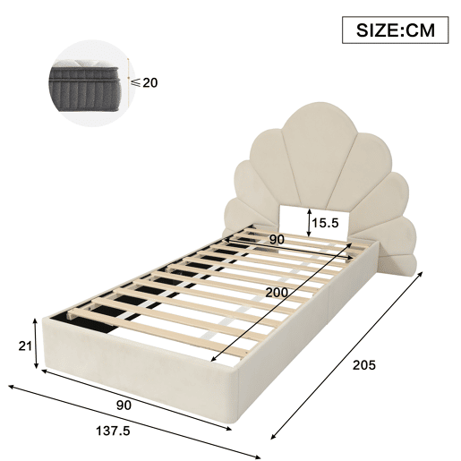 Cama individual 90x200 - cabeceira com pétalas curvas, estilo moderno, confortável, veludo - bege