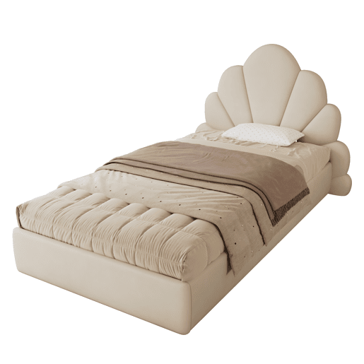 Cama individual 90x200 - cabeceira com pétalas curvas, estilo moderno, confortável, veludo - bege