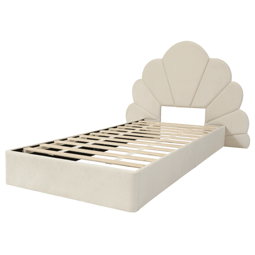 Cama individual 90x200 - cabeceira com pétalas curvas, estilo moderno, confortável, veludo - bege