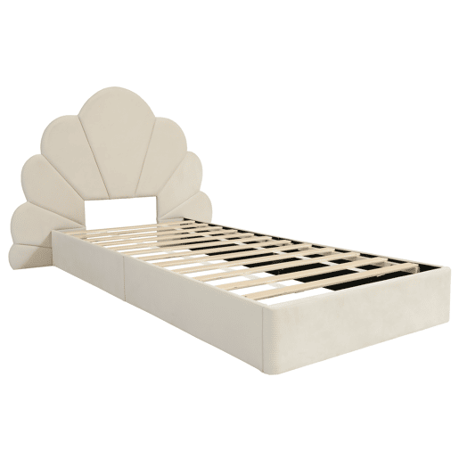 Cama individual 90x200 - cabeceira com pétalas curvas, estilo moderno, confortável, veludo - bege