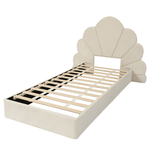 Cama individual 90x200 - cabeceira com pétalas curvas, estilo moderno, confortável, veludo - bege