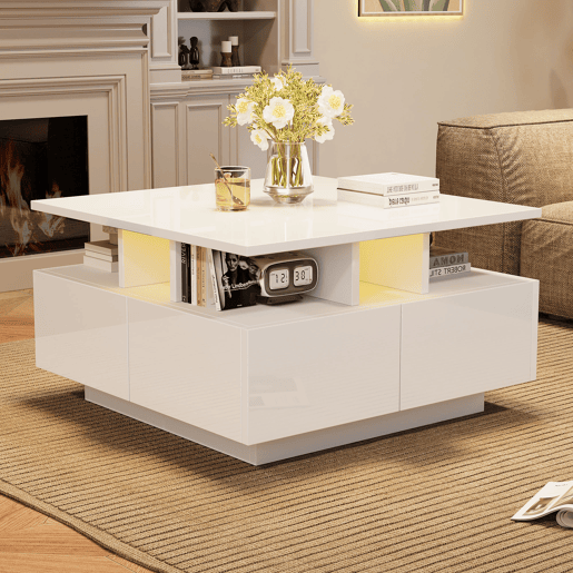 Mesa de centro 70x70x40 cm - Te Tisch de alto brilho, com luzes LED, mesa de sala com 4 gavetas, design geométrico - Branco