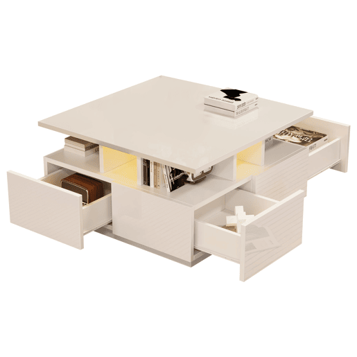 Mesa de centro 70x70x40 cm - Te Tisch de alto brilho, com luzes LED, mesa de sala com 4 gavetas, design geométrico - Branco