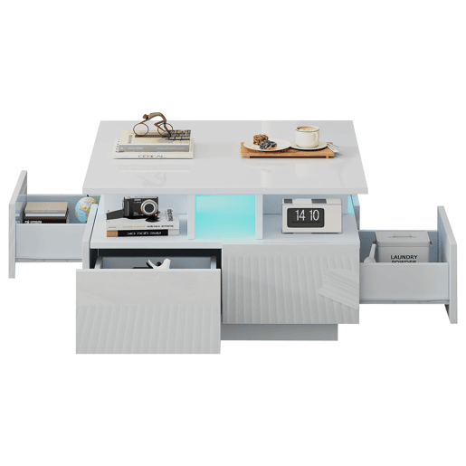 Mesa de centro 70x70x40 cm - Te Tisch de alto brilho, com luzes LED, mesa de sala com 4 gavetas, design geométrico - Branco