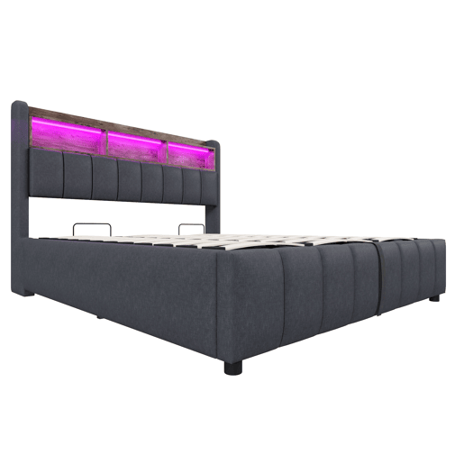 Cama estofada 180*200 cm - Com iluminação LED, tomada USB, cabeceira com prateleiras e arrumação, com sistema hidráulico para arrumação - Cinza