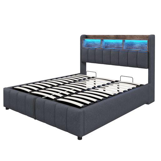 Cama estofada 180*200 cm - Com iluminação LED, tomada USB, cabeceira com prateleiras e arrumação, com sistema hidráulico para arrumação - Cinza