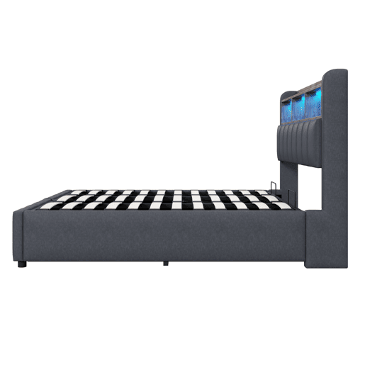 Cama estofada 180*200 cm - Com iluminação LED, tomada USB, cabeceira com prateleiras e arrumação, com sistema hidráulico para arrumação - Cinza