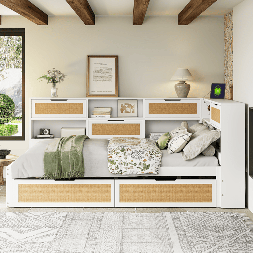 Sofá-cama 140*200 cm - Com gaveta, multifuncional, cama individual para crianças com compartimentos e porta de carregamento - Branco