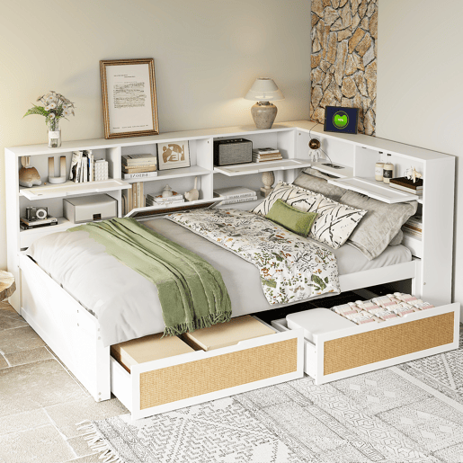 Sofá-cama 140*200 cm - Com gaveta, multifuncional, cama individual para crianças com compartimentos e porta de carregamento - Branco