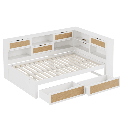 Sofá-cama 140*200 cm - Com gaveta, multifuncional, cama individual para crianças com compartimentos e porta de carregamento - Branco