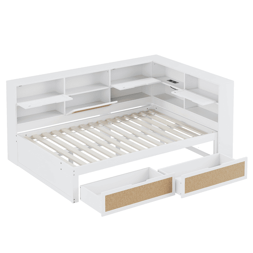 Sofá-cama 140*200 cm - Com gaveta, multifuncional, cama individual para crianças com compartimentos e porta de carregamento - Branco