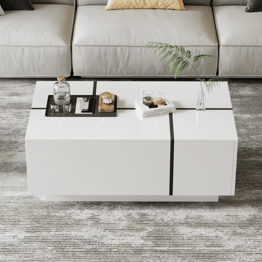 Mesa de centro quadrada 100x60x40 cm - Mesa de sala com quatro gavetas, tampo deslizante, até 30 kg - Branco Mesa de centro quadrada 100x60x40 cm - Mesa de sala com quatro gavetas, tampo deslizante, até 30 kg - Branco