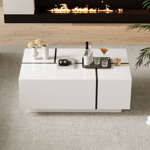 Mesa de centro quadrada 100x60x40 cm - Mesa de sala com quatro gavetas, tampo deslizante, até 30 kg - Branco Mesa de centro quadrada 100x60x40 cm - Mesa de sala com quatro gavetas, tampo deslizante, até 30 kg - Branco