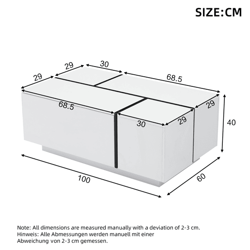 Mesa de centro quadrada 100x60x40 cm - Mesa de sala com quatro gavetas, tampo deslizante, até 30 kg - Branco Mesa de centro quadrada 100x60x40 cm - Mesa de sala com quatro gavetas, tampo deslizante, até 30 kg - Branco