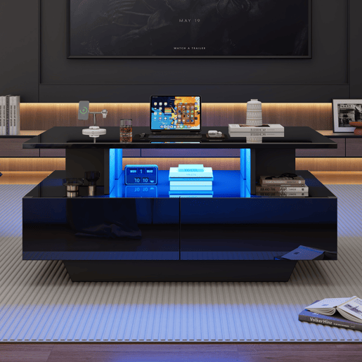 Mesa de centro moderna 90x55x41 cm - com LED, 2 gavetas, design elegante - Preto