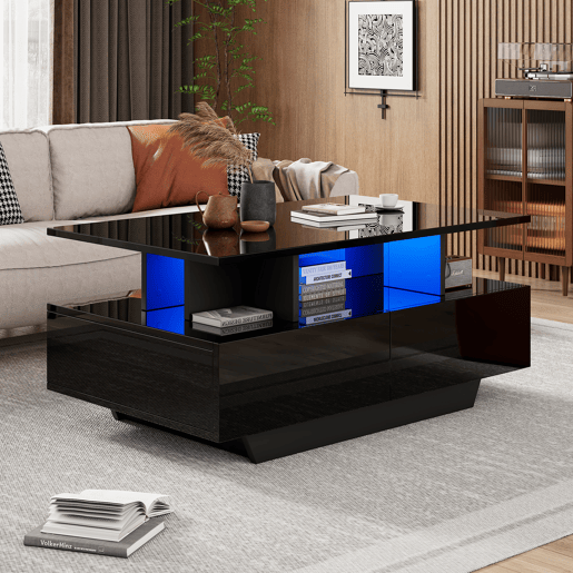 Mesa de centro moderna 90x55x41 cm - com LED, 2 gavetas, design elegante - Preto