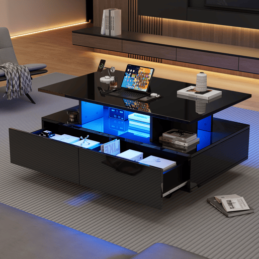 Mesa de centro moderna 90x55x41 cm - com LED, 2 gavetas, design elegante - Preto