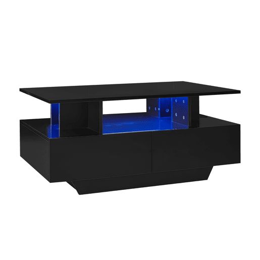 Mesa de centro moderna 90x55x41 cm - com LED, 2 gavetas, design elegante - Preto