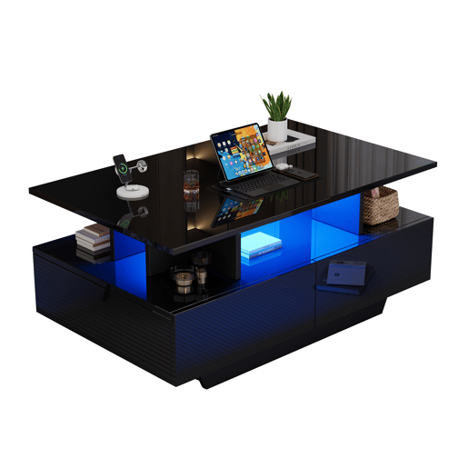 Mesa de centro moderna 90x55x41 cm - com LED, 2 gavetas, design elegante - Preto