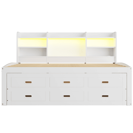Sofá-cama, 90 x 200 cm - Com controlo remoto LED, 3 gavetas, mesa de cabeceira, cama extensível multifuncional com USB + Tipo C - Branco