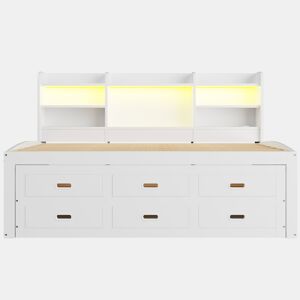 Sofá-cama, 90 x 200 cm - Com controlo remoto LED, 3 gavetas, mesa de cabeceira, cama extensível multifuncional com USB + Tipo C - Branco