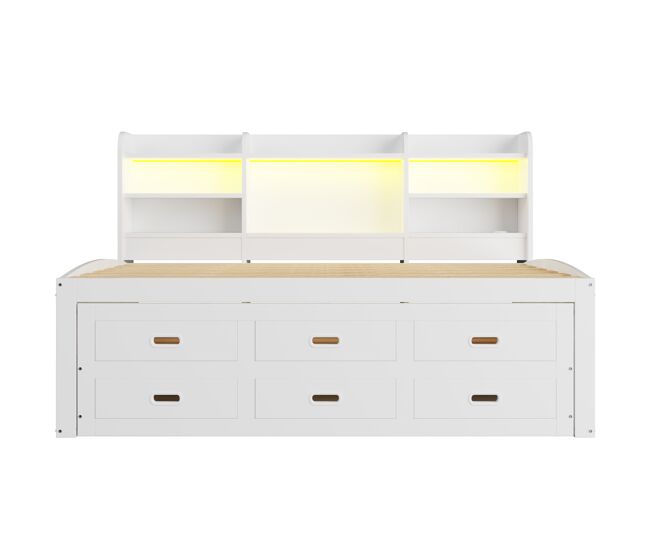 Sofá cama, 90 x 200cm - con control remoto led, 3 cajones, mesa de noche, cama extensible multifuncional con usb + type-c - blanco