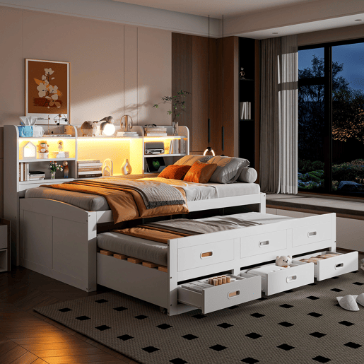 Sofá-cama, 90 x 200 cm - Com controlo remoto LED, 3 gavetas, mesa de cabeceira, cama extensível multifuncional com USB + Tipo C - Branco