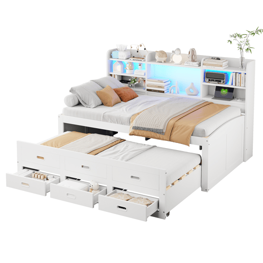 Sofá-cama, 90 x 200 cm - Com controlo remoto LED, 3 gavetas, mesa de cabeceira, cama extensível multifuncional com USB + Tipo C - Branco