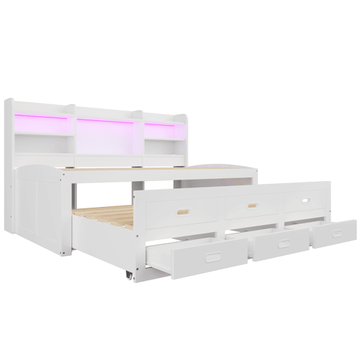 Sofá-cama, 90 x 200 cm - Com controlo remoto LED, 3 gavetas, mesa de cabeceira, cama extensível multifuncional com USB + Tipo C - Branco