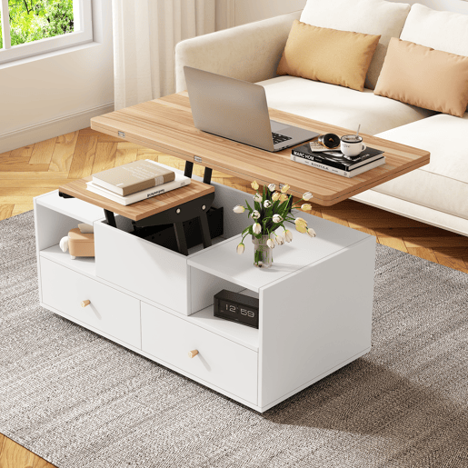 Mesa de sala elevável 100x50x47,5 cm - Mesa com função dobrável, 4 gavetas, 2 mesas hidráulicas, com rodas universais