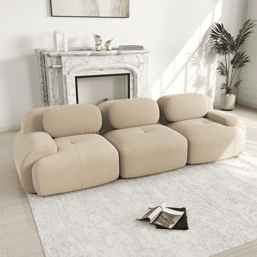 Sofá modular de 3 lugares - combinável, antiderrapante, sem montagem, braços ergonómicos e estofamento de alta elasticidade - Bege