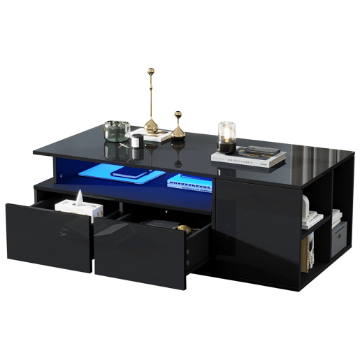 Mesa de centro 100x50x35 cm - Mesa de sala com LED, 2 gavetas, capacidade para 60 kg - Preta
