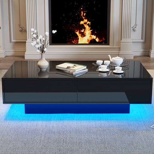Mesa de centro moderna 115 x 55 x 34 cm - 2 gavetas, iluminação LED, capacidade para 30 kg - Preto Mesa de centro moderna 115 x 55 x 34 cm - 2 gavetas, iluminação LED, capacidade para 30 kg - Preto