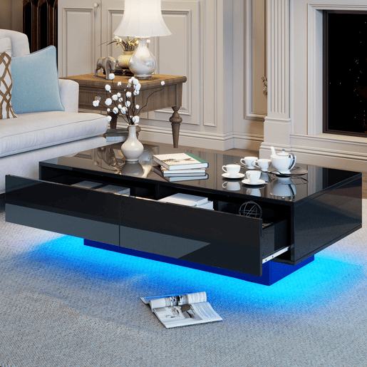 Mesa de centro moderna 115 x 55 x 34 cm - 2 gavetas, iluminação LED, capacidade para 30 kg - Preto Mesa de centro moderna 115 x 55 x 34 cm - 2 gavetas, iluminação LED, capacidade para 30 kg - Preto
