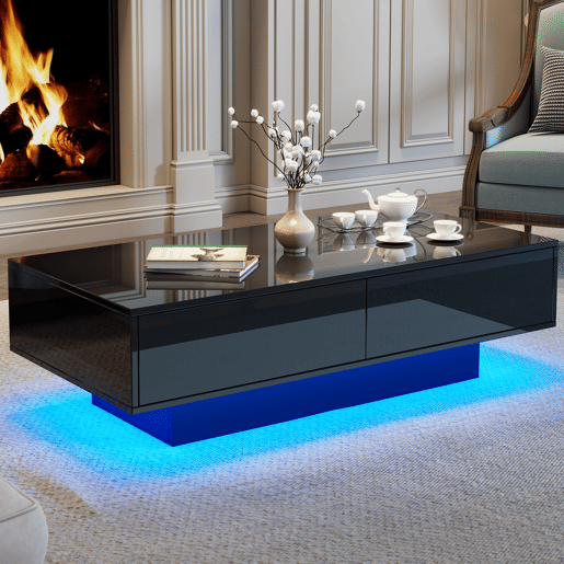 Mesa de centro moderna 115 x 55 x 34 cm - 2 gavetas, iluminação LED, capacidade para 30 kg - Preto Mesa de centro moderna 115 x 55 x 34 cm - 2 gavetas, iluminação LED, capacidade para 30 kg - Preto