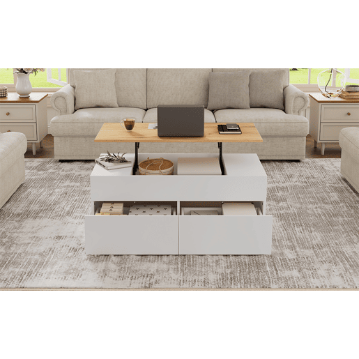 Mesa de centro 100x50x40 cm - Mesa de centro elevável com arrumação oculta e 2 gavetas - Branco + Madeira