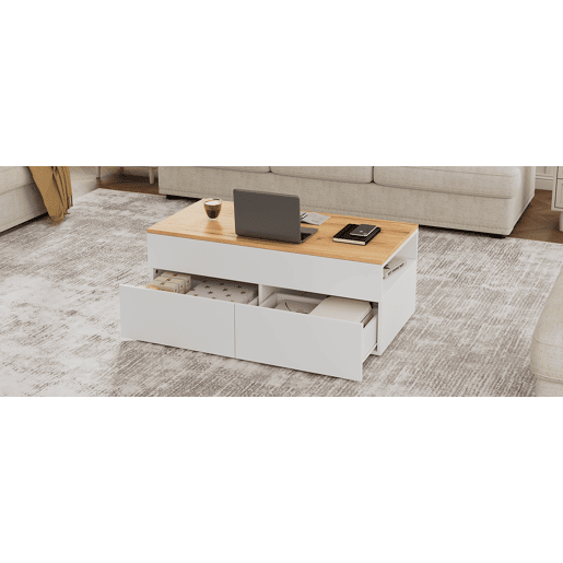 Mesa de centro 100x50x40 cm - Mesa de centro elevável com arrumação oculta e 2 gavetas - Branco + Madeira