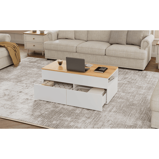 Mesa de centro 100x50x40 cm - Mesa de centro elevável com arrumação oculta e 2 gavetas - Branco + Madeira